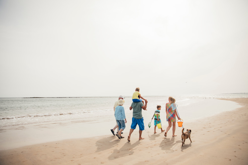 family with dog on beach